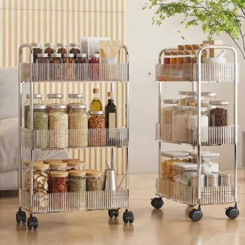 desserte a roulette trois niveaux présentation avec des pots épices