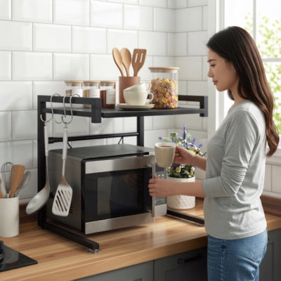 etagere micro onde femme ouvre micro-ondes dépose son café