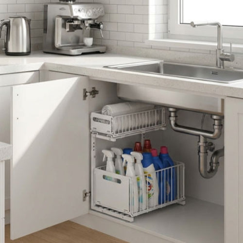 panier cuisine coulissant modèle blanc bon rangement à double niveau