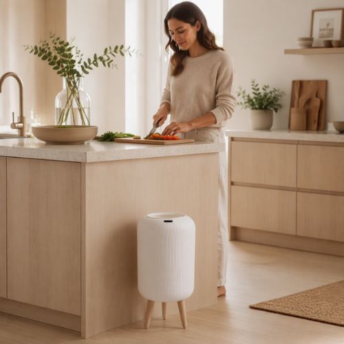 poubelle design épurée à trépied près d'une femme cuisinant