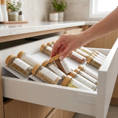 Rangement epices tiroirs blanc main prend pot épices tiroir ouvert