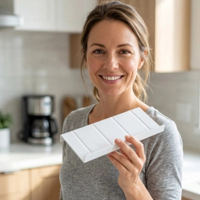 Rangement epices tiroirs dans main femme souriante