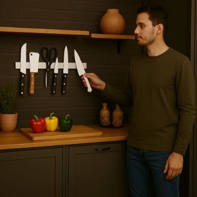 homme prépare poivron barre aimantée pour couteaux décorations sur comptoir