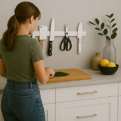 barre aimantée pour couteaux collée mur femme découpe sur planche