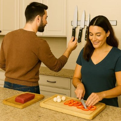 couple prépare souper barre aimantée pour couteaux avoisinante