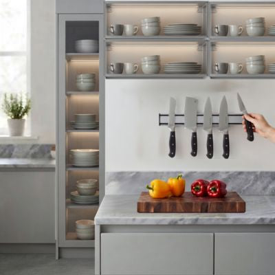barre aimantée pour couteaux mur planche avec poivrons plan travail