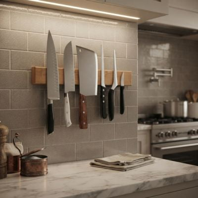 barre aimantée pour couteaux sur mur dans cuisine moderne