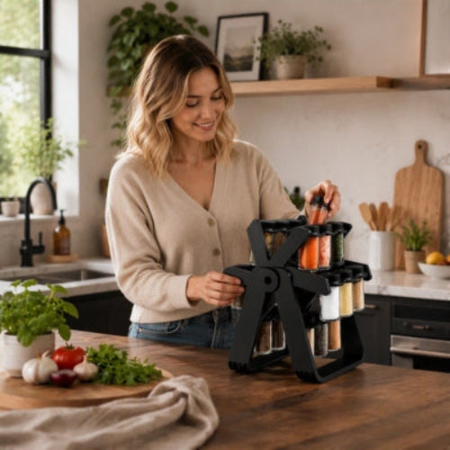 carrousel pour epices manipulé par une femme souriante en cuisine