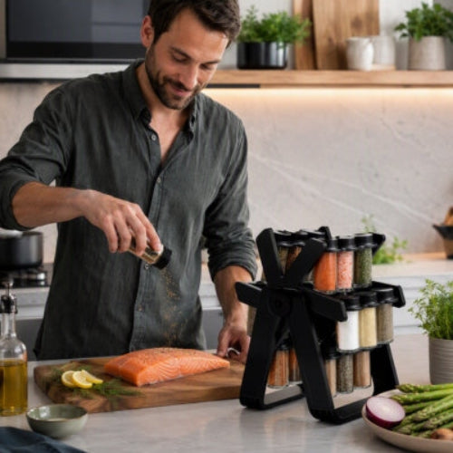 carrousel pour epices noir sur comptoir cuisinier assaisonnant du saumon