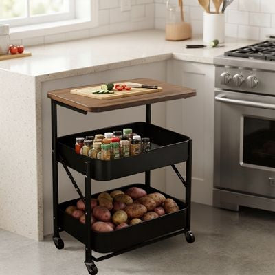 chariot de rangement en acier avec table en bois