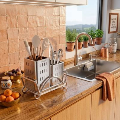 cuisine chaleureuse organisée pot a ustensile sur plan travail