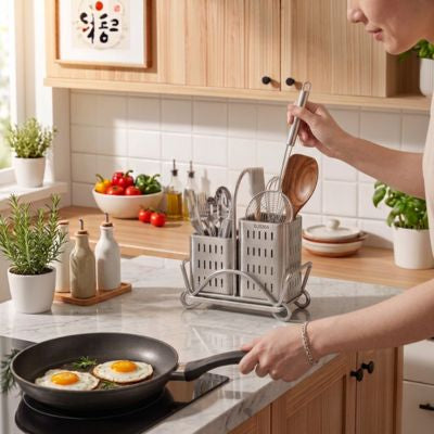 dame prépare oeufs prend écumoire du pot a ustensile