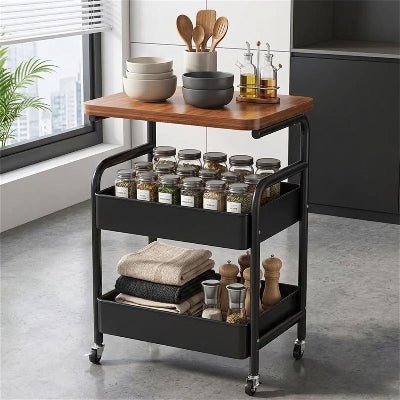 desserte à roulettes noire épices et autres bien rangés cuisine minimaliste