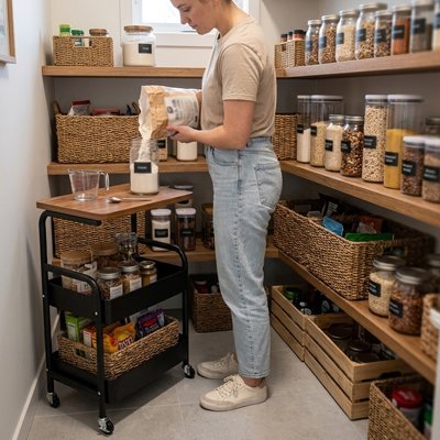 Desserte à roulettes noire dans garde manger rangement et support