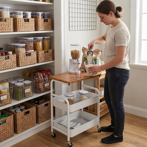 desserte a roulettes éspace optimise une femme rangeant un garde-manger