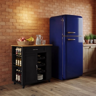 desserte sur roulettes à côté frigo vintage bleu