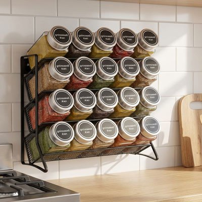 etagere a epice en métal noire quatre niveaux avec pots épices