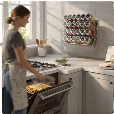 etagere a epice femme cuisine ouvrant son four épices accéssibles