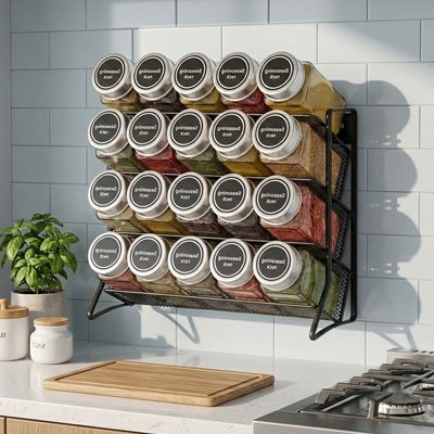 etagere a epice fixée au mur chargée de pot à épices