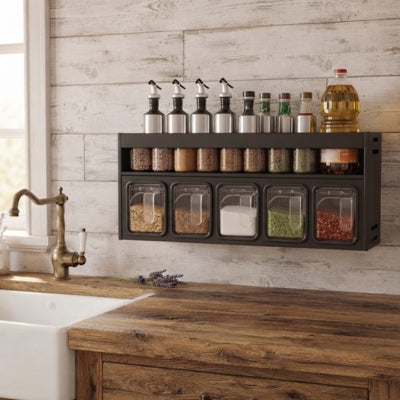 étagère à épices au mur d'une cuisine style scandinave