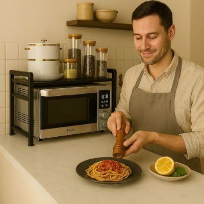 monsieur assaisonne spaghetti étagère cuisine sur son plateau marmites rangement 