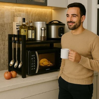 homme café dans main étagère cuisine sur plateau autres articles