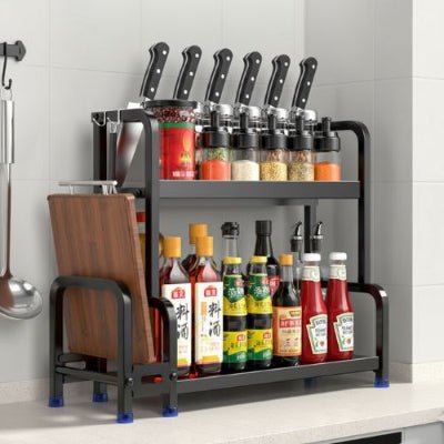 étagère cuisine noire organisation couteaux épices sauces deux étages