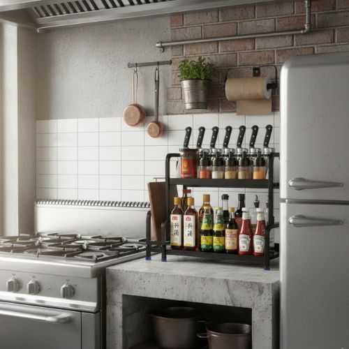 cuisine industrielle entre cuisinière frigo étagère cuisine rangement