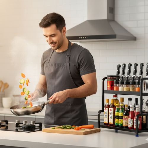 étagère cuisine rangement complete avec couteaux épices sauces homme cuisine