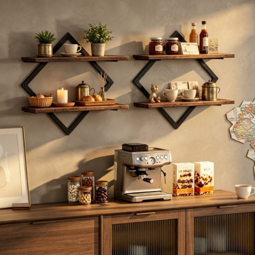 étagère de cuisine murale deux blocs dessus d'une cafetière