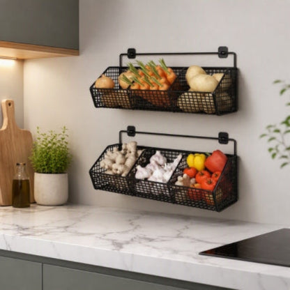 Étagère de cuisine murale double en paniers métalliques noirs