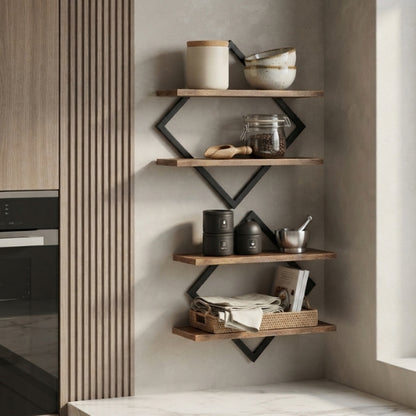 étagère de cuisine murale en bois avec support en métal