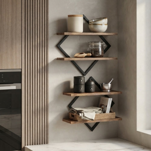 étagère de cuisine murale en bois avec support en métal