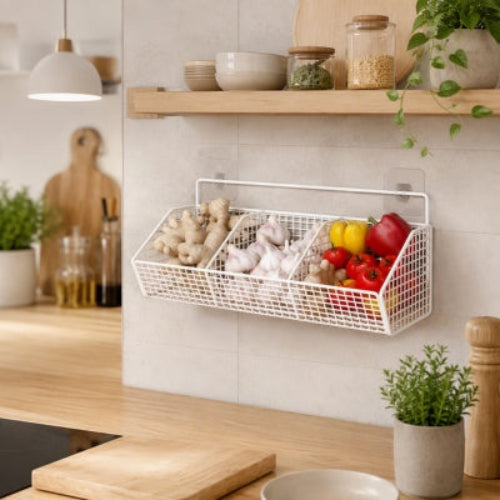 Étagère de cuisine murale en grille avec ail et gingembre