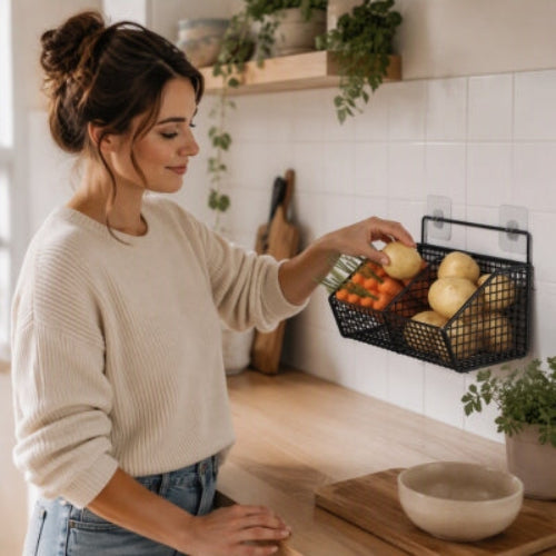 Étagère de cuisine murale noire acier carbone avec légumes