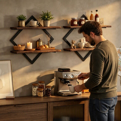 étagère de cuisine murale un homme préparant du café