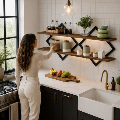 étagère de cuisine murale utilisée par une femme
