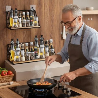 Un homme souriant dans cuisine près des etagere de cuisine