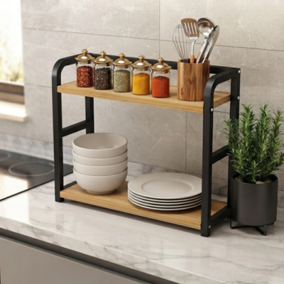 etagere de rangement pour cuisine avec bols pot ustensiles épices