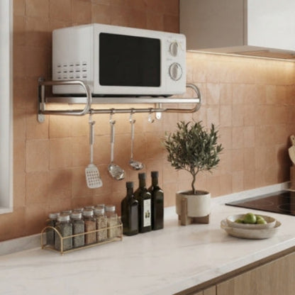 etagere four micro onde fixé au mur crochets pour ustensiles