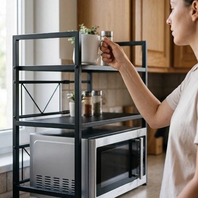 Etagere micro onde dame prend un verre dessus l'étagère