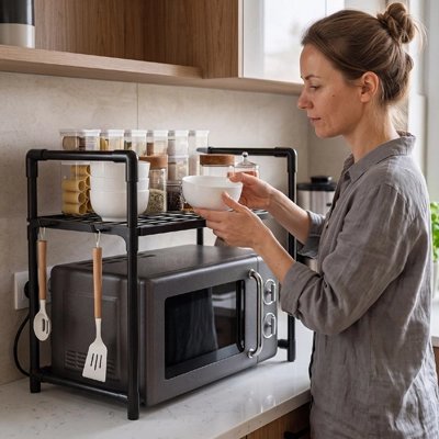 Etagere micro onde dans alcôve micro-onde femme tient bol