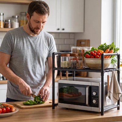 Etagere micro onde dessus bol légumes homme découpe poivrons