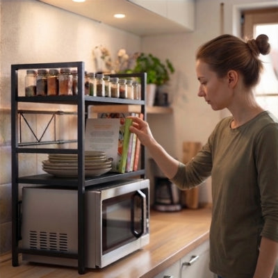 etagere micro onde femme prend un livre de l'étagère