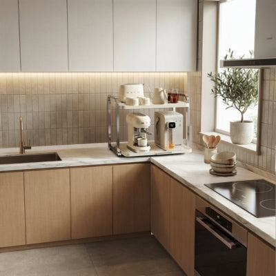 étagère micro onde placé sur plan travail cuisine épuré