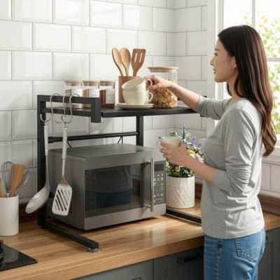 etagere micro onde télescopique femme prend tasse du plateau étagère