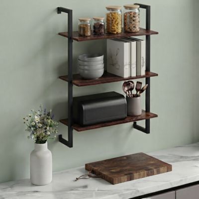 étagère murale cuisine avec boîte de rangement et livres recettes