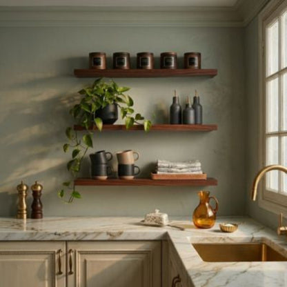 étagère murale cuisine en bois fixée sur mur vert sauge