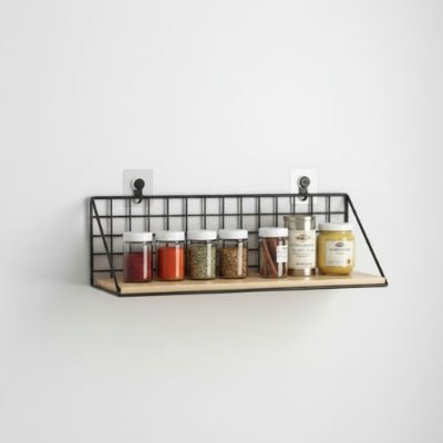 étagère murale cuisine noire avec des pots de diverses épices