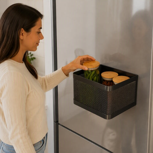 étagère murale cuisine panier noir et femme qui prend bocal